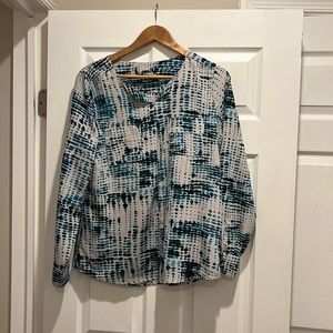 EUC Lands End Outfitters Womens Blue Long Roll Tab Sleeves Blouse Size 10